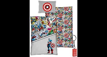 Marvel Avengers Dekbedovertrek - Comics - 140 x 200 + 65 x 65 cm - Biologisch Katoen - met rode sleutelhanger