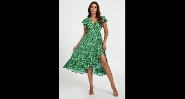 Kleine bloemen ruche mouw midi wikkeljurk in groen