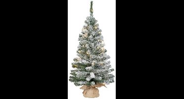 Everlands Kunst kerstboom - H90 cm - besneeuw - met kerstverlichting - kunstboom - in jute zak - verlichte kleine kerstbomen