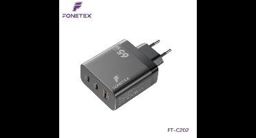 FoneTex 65W GaN 3 In 1 Snellader - 2x USB-C PD Fast Charge - 1x USB-A Fast Charge 3.0 - Geschikt Voor iPhone/iPad - Samsung - Google - Huawei - Oppo