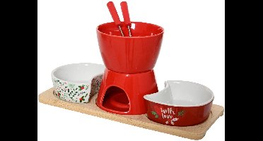 Decoris - Fondueset voor 2 - Keramiek met FSC Bamboe Plank - 2 Schaaltjes - Rood/Wit - L28.5 x B12 x H13