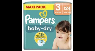 Pampers Baby-Dry luiers - Maat 3 (6-10kg) - 124 stuks - Voordeelverpakking - Unieke extra laag - Absorberende kern - Dubbele beschermrandjes (Tot maat 5+)
