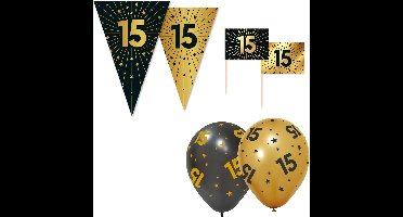 Feestpakket 15 jaar Zwart / Goud – Vlaggenlijn 10 meter + 6 Ballonnen + 50 Prikkers – Golden Celebrations - Versiering Slinger Feestdecoratie Decoratie Verjaardag Jubileum Ballon Feest
