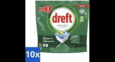 10 x Dreft - Original All In One - Vaatwascapsules - Tegen Aangekoekt Vet - 21 Capsules - Vaatwasser - Vaatwascapsules - Reiniging - Vetoplossing - Aangekoekt Vet