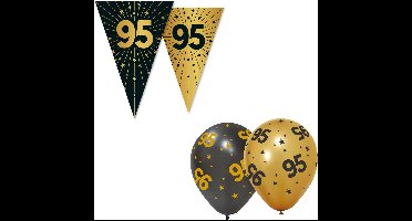 Feestpakket 95 jaar Zwart / Goud – Vlaggenlijn 10 meter + 6 Ballonnen – Golden Celebrations - Versiering Slinger Feestdecoratie Decoratie Verjaardag Jubileum Ballon Feest