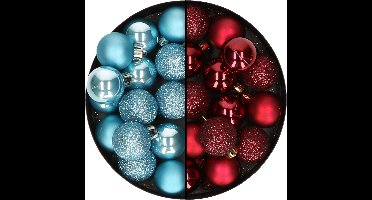 Decoris kleine kerstballen - 28x st - donkerrood en ijsblauw - 3 cm - kunststof