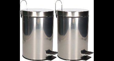 Excellent Houseware Pedaalemmer/prullenbak/vuilnisbak - 2x - 3 liter - zilver - RVS - 17 x 25 cm