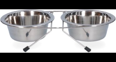 Excellent Voer- en Drinkbak op standaard - 2 bakken - RVS - Ø 13 cm - 350 ml - Zilver
