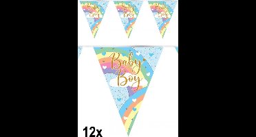 12x Vlaggenlijn pastel baby boy regenboog Holograpic - Vlaglijn geboorte thema feest party