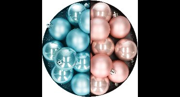 Decoris - kerstballen -24x st - mix lichtroze/ijsblauw - 6 cm - kunststof - kerstversiering