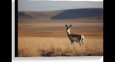 Canvas - Gazelle in open gebied met hoog gras en bergen op de achtergrond - 60x40 cm Foto op Canvas Schilderij (Wanddecoratie op Canvas)
