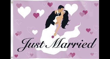 Haza bruiloft gevelvlag - Just Married - paars - 90 x 60 cm - feest vlaggen