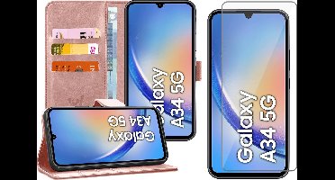 Hoesje geschikt voor Samsung Galaxy A34 - Screen Protector GlassGuard - Book Case Kunstleer Pasjeshouder Roségoud & Screenprotector