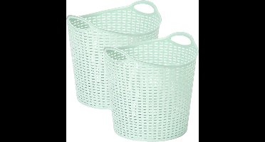 Plasticforte Gevlochten wasmand/opbergmand - 2x - flexibel - lichtgroen - 27 liter - rond - kunststof - 40 x 37 cm
