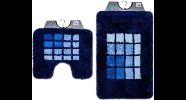 Wicotex - Badmat set met Toiletmat - WC mat met uitsparing Blauwe rand geblokt - Antislip onderkant