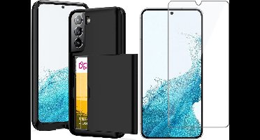Hoesje met Pasjeshouder geschikt voor Samsung Galaxy S22 - Screen Protector GlassGuard - Back Cover SlideCase Zwart & Screenprotector