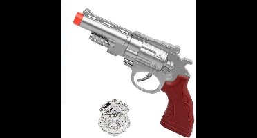 Politie speelgoed pistool - 27 cm - speelgoed verkleed pistool - zilver - met badge - kunststof