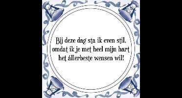 Tegeltje met Spreuk (Tegeltjeswijsheid): Bij deze dag sta ik even stil, omdat ik je met heel mijn hart het �llerbeste wensen wil! + Kado verpakking & Plakhanger