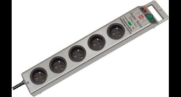 Super-Solid 13.500A stekkerdoos met overspanningsbeveiliging 5-voudig zilver 2,5m H05VV-F 3G1,5 *FR*