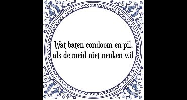 Tegeltje met Spreuk (Tegeltjeswijsheid): Wat baten condoom en pil, als de meid niet neuken wil + Kado verpakking & Plakhanger