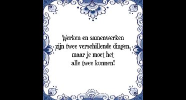 Tegeltje met Spreuk (Tegeltjeswijsheid): Werken en samenwerken zijn twee verschillende dingen, maar je moet het alle twee kunnen! + Kado verpakking & Plakhanger