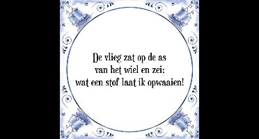 Tegeltje met Spreuk (Tegeltjeswijsheid): De vlieg zat op de as van het wiel en zei; wat een stof laat ik opwaaien! + Kado verpakking & Plakhanger