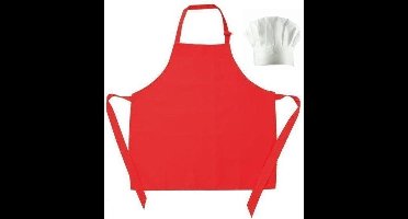 Benza Schort Keukenschort voor Kinderen Neutraal, Blanco - Rood (50 x 60 cm) incl. Koksmuts