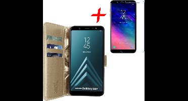 Hoesje geschikt voor Samsung Galaxy A6 Plus 2018 - Screen Protector GlassGuard - Book Case Kunstleer Pasjeshouder Goud & Screenprotector