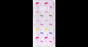 Shop4 - Samsung Galaxy Note 8 Hoesje - Zachte Back Case Gekleurde Flamingo's Transparant
