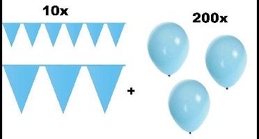 10x Vlaggenlijn 10 meter + 200 Ballonnen licht blauw