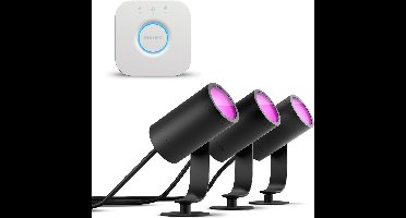 Philips Hue Lily Starterspakket van 3 Tuinspots (Antraciet) - Wit en Gekleurd Licht - Incl. 1 Voedingskabel, 1 Hue Bridge - Tuinverlichting - Hue White and Color Ambiance