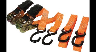 Toolland Set spanbanden, 2 stuks, tweedelig, met rubberen ratelgreep en vinyl S-haken, voor het vastzetten van lichte ladingen, max. 500 kg, polyester, oranje, 5 m x 25 mm