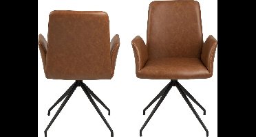 Nadine eetkamerstoel met draaivoet, cognac PU kunstleer, zwart metaal.