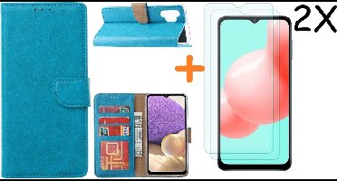 Hoesje Geschikt Voor Samsung Galaxy A32 hoesje bookcase Blauw Met screenprotector / 2X tempered glass