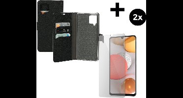 Mobiparts Saffiano Wallet hoesje geschikt voor Samsung Galaxy A42 (2020) 5G met 2 Screenprotectors van Gehard Glas - Zwart