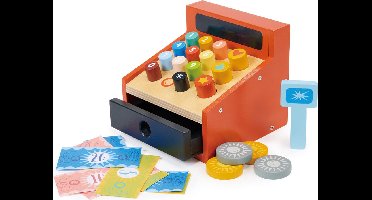 Mentari Winkeltje: KASSA MET SCANNER 13,2x12x11cm, met 4 munten en papiergeld, in hout, in doos, 3+