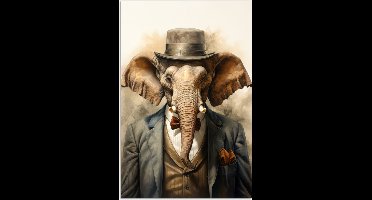 Poster 20x30 cm - Vintage - Olifant - Hoed - Pak - Licht - Dieren - Posters - Kamer decoratie - Wanddecoratie woonkamer - Muurdecoratie slaapkamer