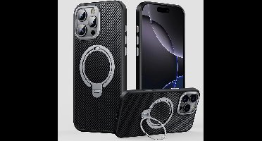Hoesje geschikt voor iPhone 16 Pro Magsafe met Carbon uitvoering - 360° Draaibare Magnetische Standaard - Back Cover Kickstand Ring – Zwart
