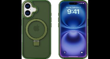 Hoesje Geschikt voor iPhone 16 Magsafe hoesje - hard backcover - Magnetische Standaard - Ringhouder - Mat Transparant / Groen