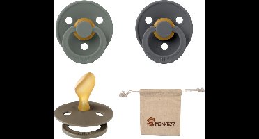Bibs Dental fopspenen Anatomical 6-18 maanden- Set 3 stuks- Dark Oak, Iron, Pine + Monkiezz speenzakje - orthodontisch- Anatomisch- Maat 2