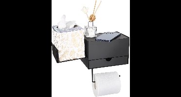 Luvetrex ® Toiletrolhouder met plank, metalen toiletrolhouder, doos voor vochtige doekjes, 2 vervangende rolhouders, voor maandverband, rolpapier, doeken, vazen, in de badkamer, zwart