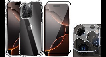 Hoesje geschikt voor iPhone 16 Pro Max - Screenprotector Volledig Dekkend Glas & Camera - Shockproof Transparant met Extra Hoekbescherming