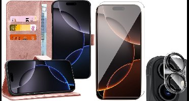 Hoesje geschikt voor iPhone 16 Plus - Screenprotector Glas & Camera - Portemonnee Book Case Rosegoud