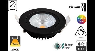 Inbouw LED Spot ZWART | 5 Watt | 450 Lumen | 2700K Warm Wit | Kantelbaar | IP44 | Dimbaar | CRI90 | Gatmaat 72mm