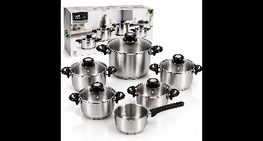 Excellent Houseware Pannenset 11-delig – RVS Kookpannenset met Glazen Deksels – Geschikt voor Inductie, Gas, Elektrisch, Keramisch & Halogeen – Vaatwasserbestendig