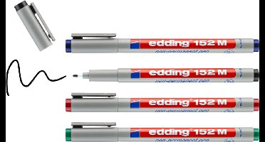 edding 152 M non-permanent pen - set van 4 - zwart, rood, blauw, groen - ronde punt 1 mm - schrijfstift voor glas, kunststof, folie en gladde oppervlakken - sneldrogend, met water corrigeerbaar