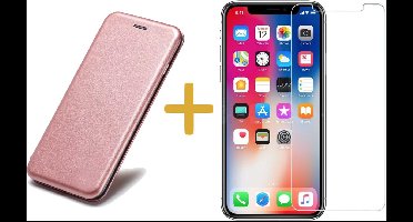 Hoesje Kunstlederen Book Case geschikt voor Apple iPhone Xs / X + Screenprotector Tempered Glass - Roségoud Siliconen iCall Wallet