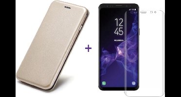 Hoesje geschikt voor Samsung Galaxy S9 Plus - Kunstlederen Wallet Hoesje Goud met Siliconen Houder - Portemonee Hoesje + Glas PET Folie Screen Protector Transparant 0.2mm