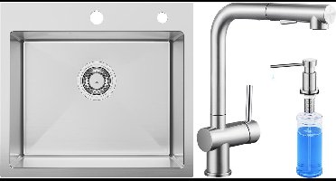 SOFETIY MAX spoelbakken 50 x 45 cm - Spoelbak Keuken Met Keukenkraan met Uittrekbare Uitloop en Zeepdispenser 300ML - 1 Bak Keukenwasbak voor Inbouw of Bovenmontage