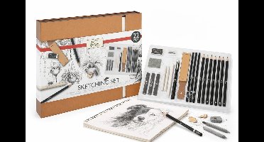 Professionele Tekenset - Grafietpotloden, Houtskoolpotloden, Fineliner Zwart, doezelaars, Schuurpapierblok, Kneedgum & gum - Luxe Giftbox